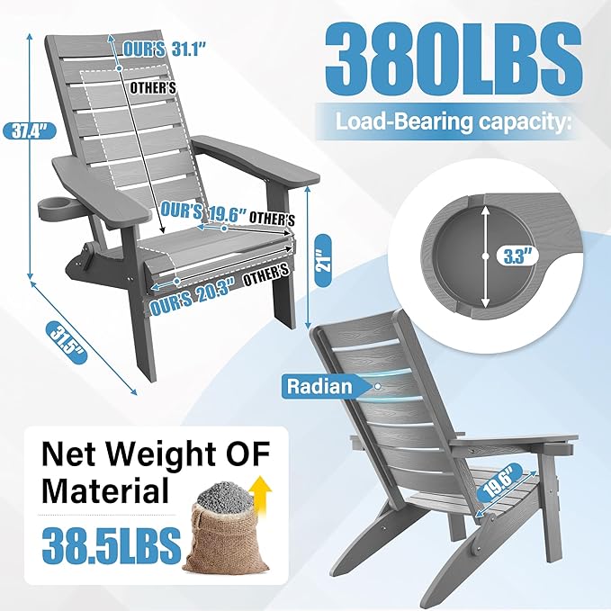 YEFU Classic Folding Adirondack Chair: Oversized Heavy Duty Adirondack Chairs with Comfort Arc Backrest & Cup Holder - All Weather HIPS Plastic Fire Pit Chair for Outdoor Patio Lawn Garden Grey