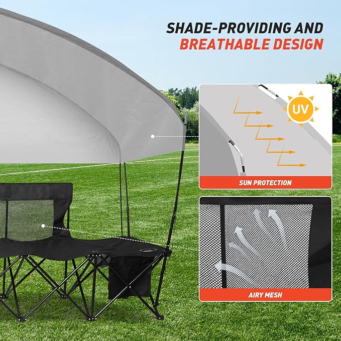 G GOOD GAIN Portable Soccer Bench with Canopy - Team Bench Soccer 6 Seats with Bag, Sideline Folding Bench, Folded Chair Seating 6 for Football Camp Outdoor Sport Events, Team Chairs for Adults, Black