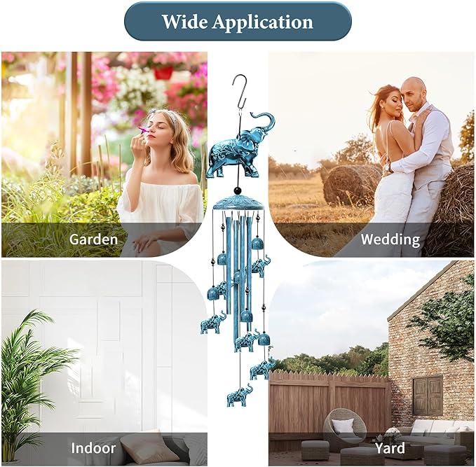 Elephant Wind Chimes for Outside, 35" Decorative Wind Chimes Navy Blue Elephant Gifts for Women, Memorial Windchimes Outdoors with S Hook for Patio Garden Decor, Birthday Gifts for Mom Grandma