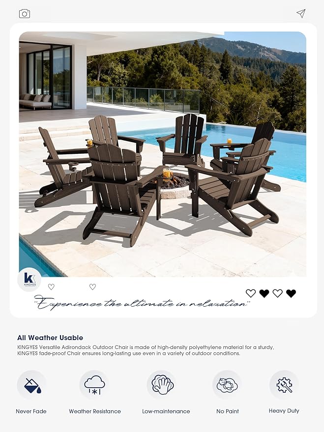 KINGYES Folding Adirondack Chair Set of 6, HDPE All-Weather Patio Chairs with Cup Holder, Wooden Textured Fire Pit Chairs for Poolside, Backyard, Deck, Coffee