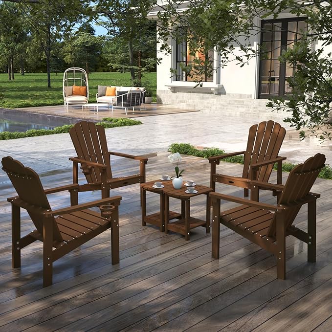 Stackable Adirondack Chair Set of 4, HDPE All-Weather Adirondack Chairs - Durable and Space Saving, Plastic Outdoor Fire Pit Chairs with Cup Holder,Wood