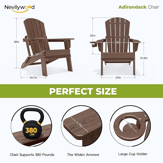 nevilywood Folding Adirondack Chair with Cup Holder Set of 2, HDPE Patio Chairs,All-Weather Outdoor Chairs for Backyard, Deck,Fire Pit-Coffee