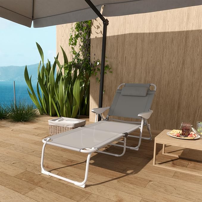 Outsunny Folding Lounge Chair, Portable Outdoor Chaise Lounge, Sun Tanning Chair with 4-Position Reclining Back, Armrests, Metal Frame and Mesh Fabric for Beach, Yard, Patio, Gray