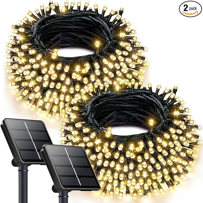 OZS 2PK 240LED Solar Christmas String Lights Outdoor Waterproof | Solar Christmas Tree Lights with 8 Lighting Modes Solar Light Outdoor for Xmas Party Garden Tree Christmas Decorations (Warm White)