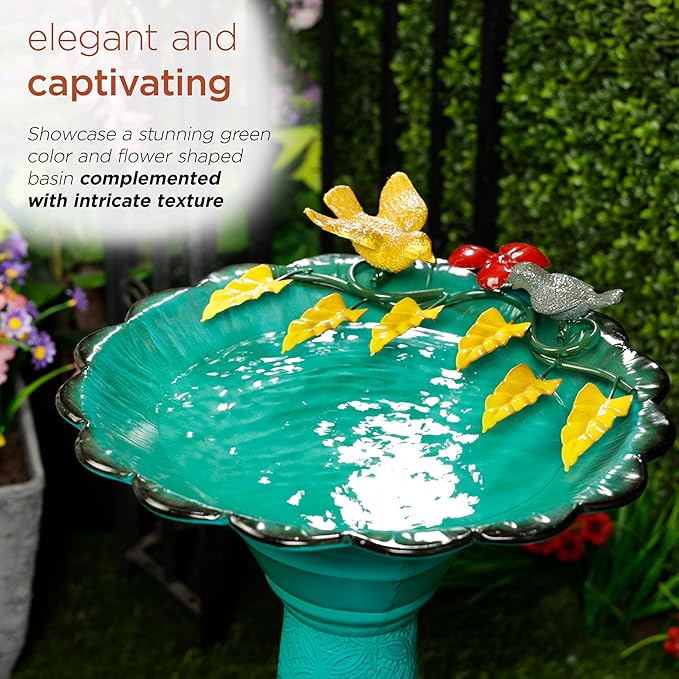 Alpine Corporation ORS112GN Vintage Metal Pedestal Birdbath with Stand, Shallow Bird Bath Bowl for Outside, 28" H, Green