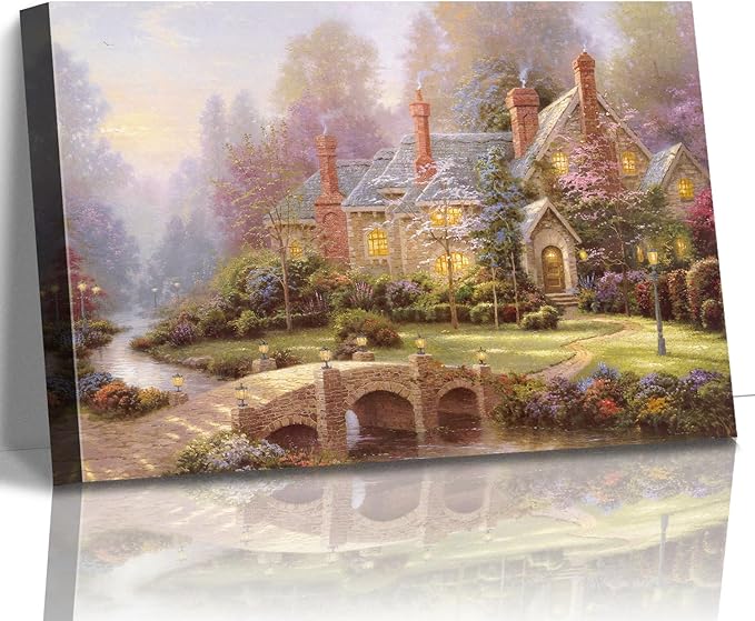 STUDIO HAVEN Thomas Kinkade Canvas Wall Art, Riverfront Manor Stone Bridge Grand Cottage Lush Garden and Misty Stream Oil Painting Poster Rustic Wall Decor, Framed Prints for Home Decor, 24x16Inch