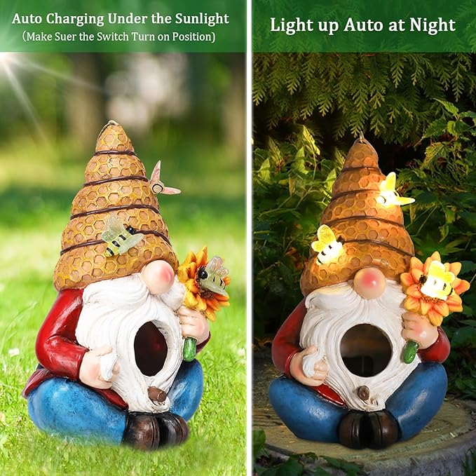 Bird House for Outside, Birdhouses for Outdoors, Decorative Bird Houses, Hanging Funny Bee Solar Gnome Birdhouse for Outside Cardinal Bluebird Wild Birds