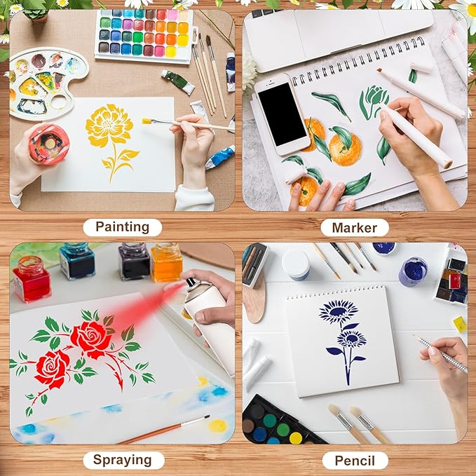 80Pcs Stencils for Painting, Stencils for Crafts Reusable Flower Wall Stencils for Drawing Art Scrapbook (6x4.7in, 5.91x2.59in, 4x4 in, 2x2in)