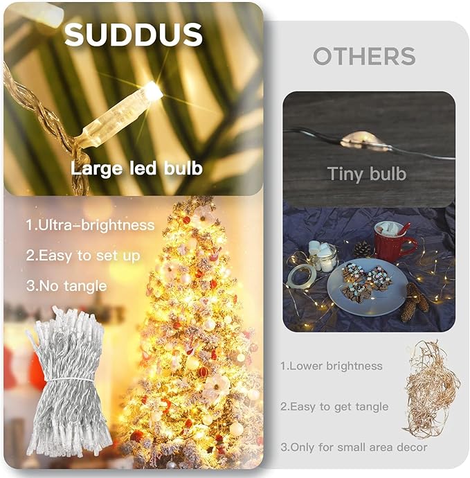 suddus 300 Led Connectable Christmas Lights Outdoor Waterproof, 99ft Christmas Tree Light Plug in with Remote, Warm White String Lights Indoor for Dorm Xmas Holiday Yard Party Porch Patio Garden Decor