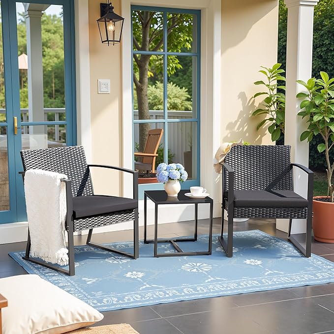 Greesum 3 Pieces Outdoor Furniture Set Patio Bistro Chairs with Glass Coffee Table for Pool Beach Backyard Balcony Porch Deck Garden, Black