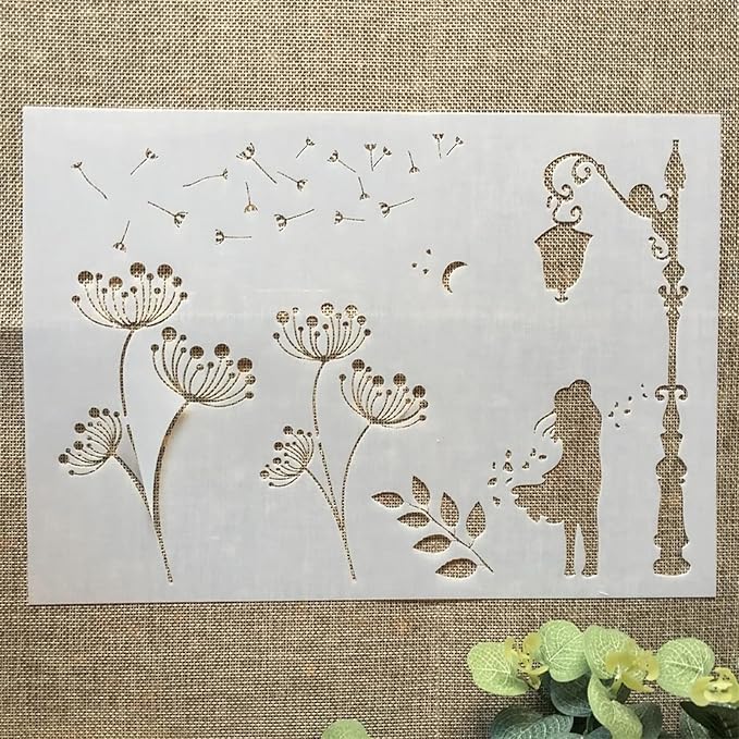 TIAMECH A4 Reusable Lover Street Light Stencil for Painting - Dandelion Layering Template, DIY Wall Art, Wood Furniture, Scrapbook & Crafts (8.3x11.7inch)