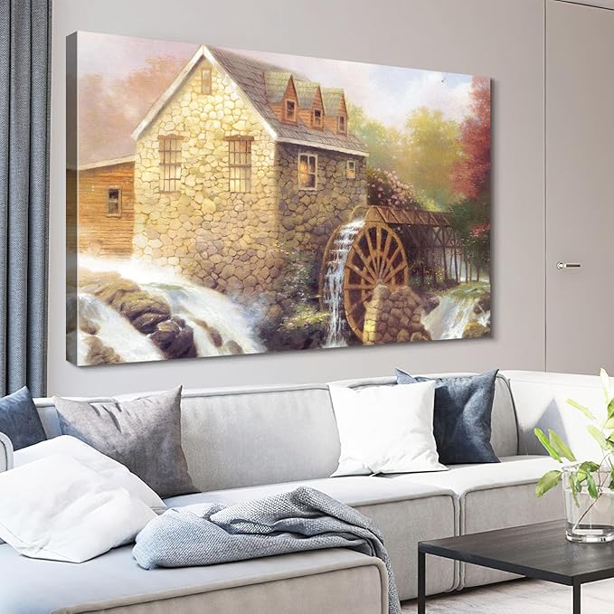 STUDIO HAVEN Thomas Kinkade Canvas Wall Art, Watermill Cottage Wooden Wheel Rushing Stream and Rustic Charm Oil Painting Poster Countryside Wall Decor, Framed Prints for Home Decor, 36x24Inch