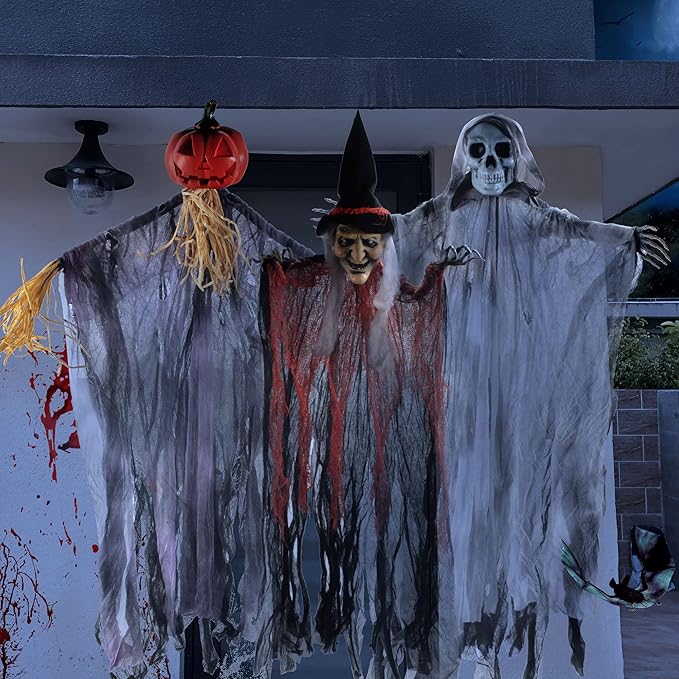 JOYIN 3 Pack 35” Hanging Ghosts Witch Pumpkin Decor Hanging Halloween Decorations Outdoor Halloween Decor, Scary Flying Witch Grim Reapers Haunted House Front Porch Decor Yard Garden Lawn Party