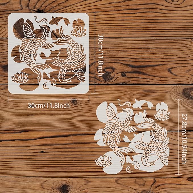 FINGERINSPIRE Koi in Lotus Pond Stencils 11.8x11.8inch Fancy Carps Drawing Painting Stencils Koi Leaping Lotus Leaf Wall Stencils Washable Mylar DIY Art Craft for Painting on Wood, Floor and Tile