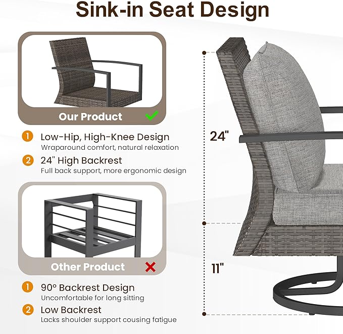 Green4ever 3-Pieces Patio Swivel Rocking Chairs Rocking with Sidetable, Metal Outdoor Rocking Chair, All Weather Rattan Patio Chairs for Porch, Bistro, Balcony, Grey
