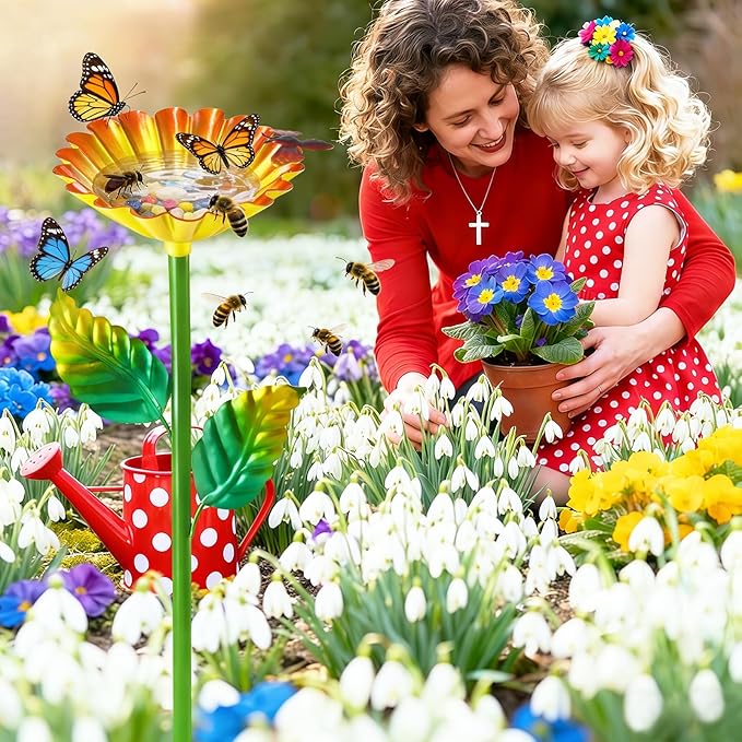 Bee Watering Station, Metal Bee Water Station with Flower Design Colorful Butterfly Bath Bowl Drinking Feeder Cups for Outdoor Garden Yard Decor (Yellow)