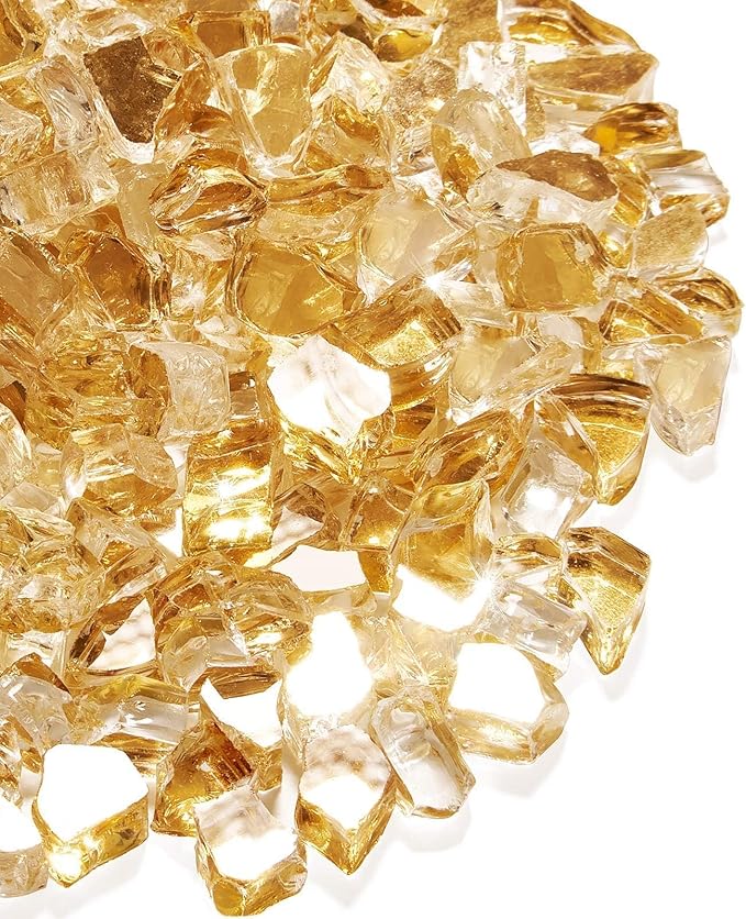 NUPICK 20 Pound Fire Glass for Fire Pit, 1/2 Inch Tempered Reflective Fire Glass for Propane Fire Pit & Gas Fireplace, Gold Rock