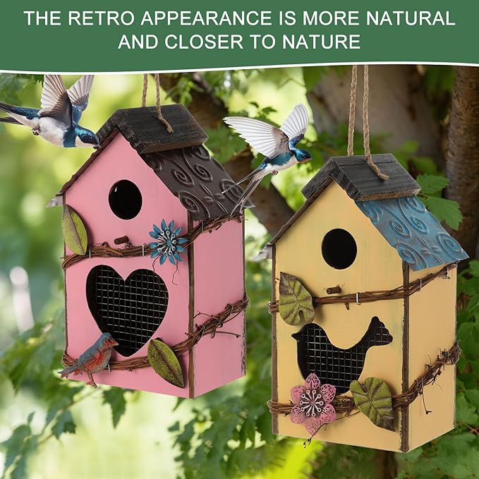2 Pcs Decorative Birdhouse for Yard Outside Hanging Wooden Birdhouse Hand Painted Bird Box for Bird Lovers Bluebird Tree Swallow Wild Chickadee Garden Decor(Pink,Yellow,Iron Roof)