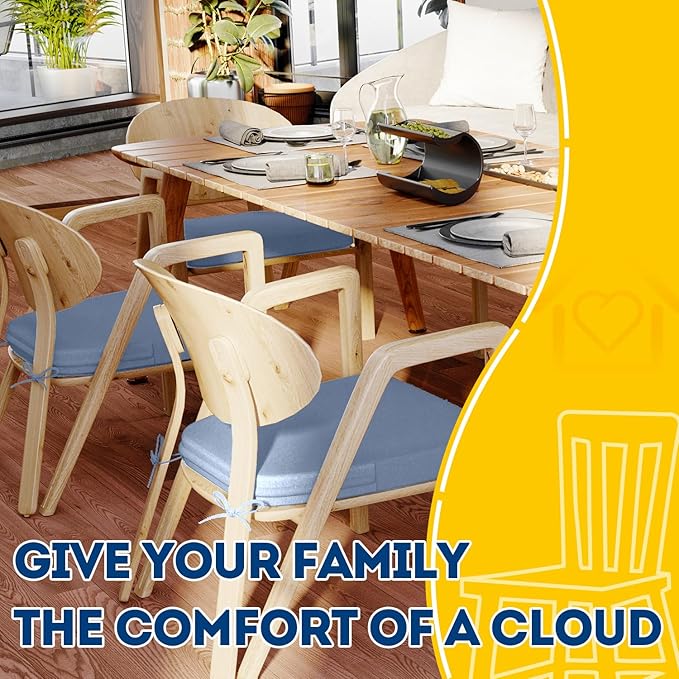 AAAAAcessories D-Shaped Chair Cushions, 2" Thick Dining Chair Pads with Ties and Removable, Machine-Washable Cover, 17" x 16", Set of 4, Light Blue