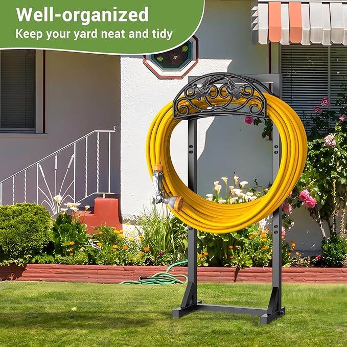 Freestanding Garden Hose Holder, Heavy Duty Water Hose Holder Stand with Stable 4-Spike Base, Fits 5/8" Hoses up to 150ft, No-Drill Yard Storage Alternative to Hose Reel