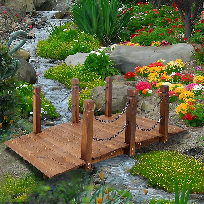 5 FT & 3.3 FT Wooden Garden Bridge, Stained Wood Arc Footbridge with Chain or Half-Wheel Railings for Backyard Pond, Creek, Farmhouse Landscape Decor, Easy Assembly (Brown-5 FT)