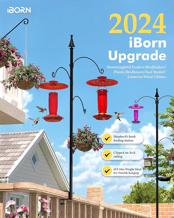 iBorn Shepherds Hooks for Outdoor Clamp On Deck Hook for Bird Feeder 45 Inch Heights Feeder Hangers for Deck Railing Hummingbird Feeders Hanging Tri-Hooks 2024 New (Feeders are Not Included)