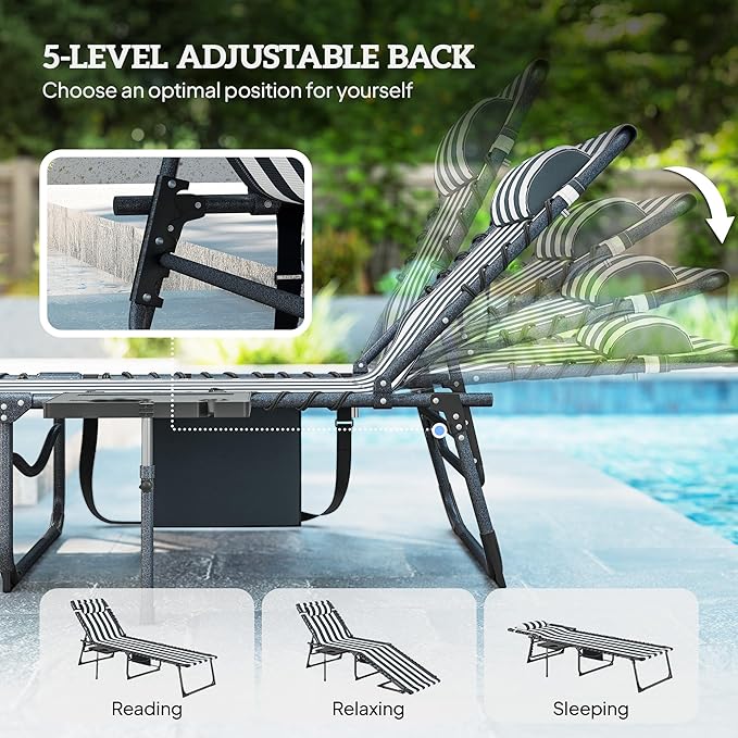 Outsunny Folding Chaise Lounge Chair Outdoor Tanning Chair with Side Table, 5-Level Adjustable Beach Lounge Chair with Headrest, Side Pocket for Patio, Backyard, Beach, Poolside, Blue and White