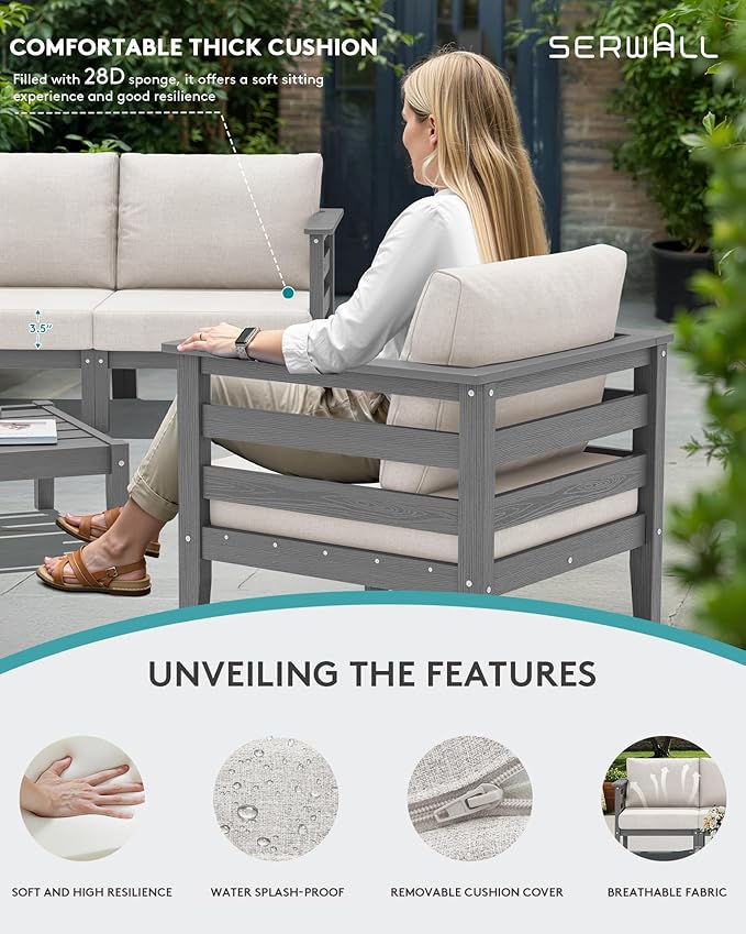 SERWALL HDPE Patio Furniture Set, 6 Pieces Outdoor Sectional Sofa Set, All-Weather Wood-Like Outdoor Sofa Couch with Coffee Table for Deck, Lawn, Grey Frame with Khaki Cushion
