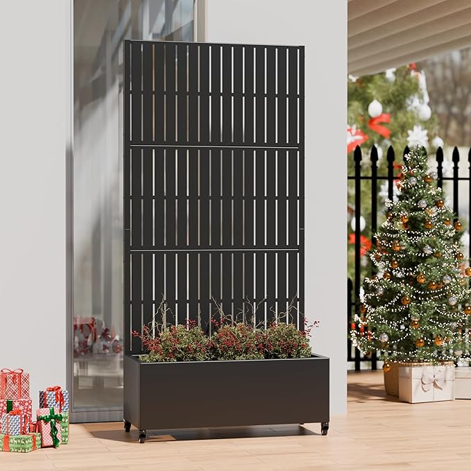 Casaphoria Metal Raised Garden Bed with Trellis and Wheels, 72"x35"x16" Planter Box for Climbing Plants, Vegetables & Vines, Features Drainage Holes and Privacy Screen (Black-Fence)