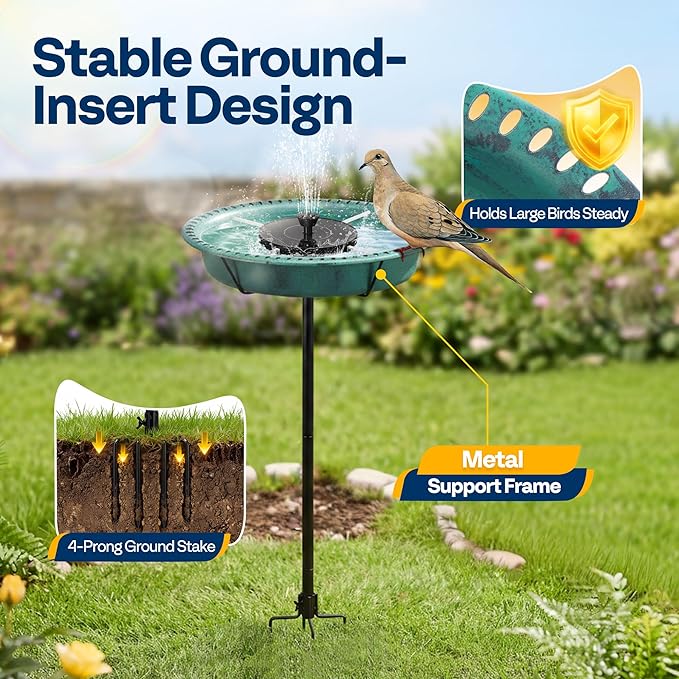 VIVOHOME Oval Bird Bath with Solar Fountain for Outside, Weather-Resistant ABS Birdbath Bowl with Solar Powered Pump, Metal Ground Stake for Outdoor, Garden, 1.3 Gallons, Green