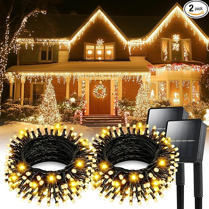 Dailyart Solar String Lights Outdoor, 2 Pack 100 LED (2 x 50FT) Solar Fairy Lights Waterproof IP44 with 8 Lighting Modes & Auto On/Off, 600mAh Battery Warm White for Garden Patio Yard Trees