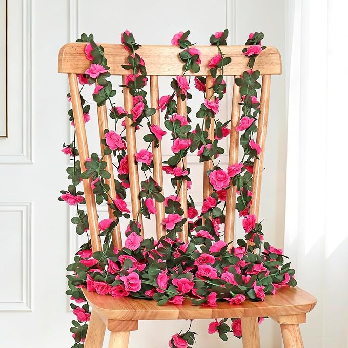 KHOYIME 9 Pack 72 FT Artificial Flower Garland, Fake Hot Pink Roses Vines Silk Flowers Faux Plastic Outdoor Hanging Floral Ivy Garland Decoration for Wedding Arch Bedroom Home Wall Backdrop Room Decor