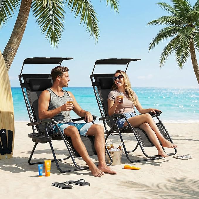 Magshion Zero Gravity Chair with Canopy Set of 2, Reclining Outdoor Patio Lounge Chair, Folding Anti Gravity Recliner, Portable Lounger with Removable Cup Holder Side Tray and Pillow Headrest (Black)