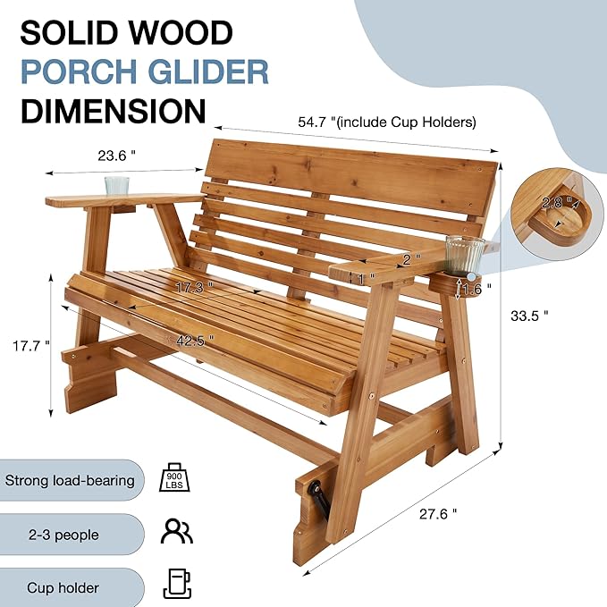 HOMREST Wooden Patio Glider Bench Chair Set with Cup Holders Outdoor Loveseat Glider with Ergonomic Deep Contoured Seat and High Roll Back, Heavy Duty 800LBS for Garden Porch Balcony, Brown
