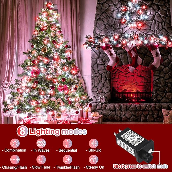 100FT 300 LED Outdoor String Lights, Connectable Christmas Lights Indoor Waterproof with 8 Modes, Plug in Twinkle Fairy Lights Clear Wire for Bedroom Home Wedding Patio Decorations, Red and White