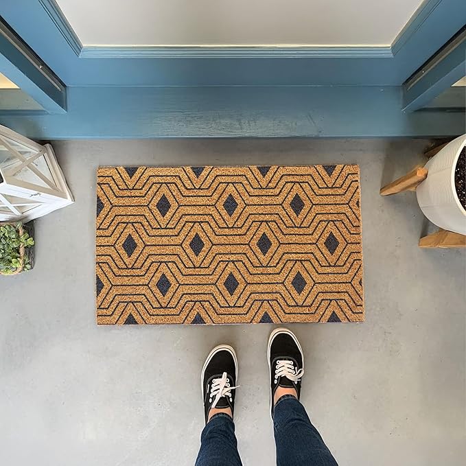 Welcome Doormats, Natural Coco Coir Mats with Non-Slip PVC Backing, Indoor Outdoor Mats for Home & Office, Floor Rugs for Door Decor with Geometric Hexagon Pattern, Orion Blue, 30"x17"