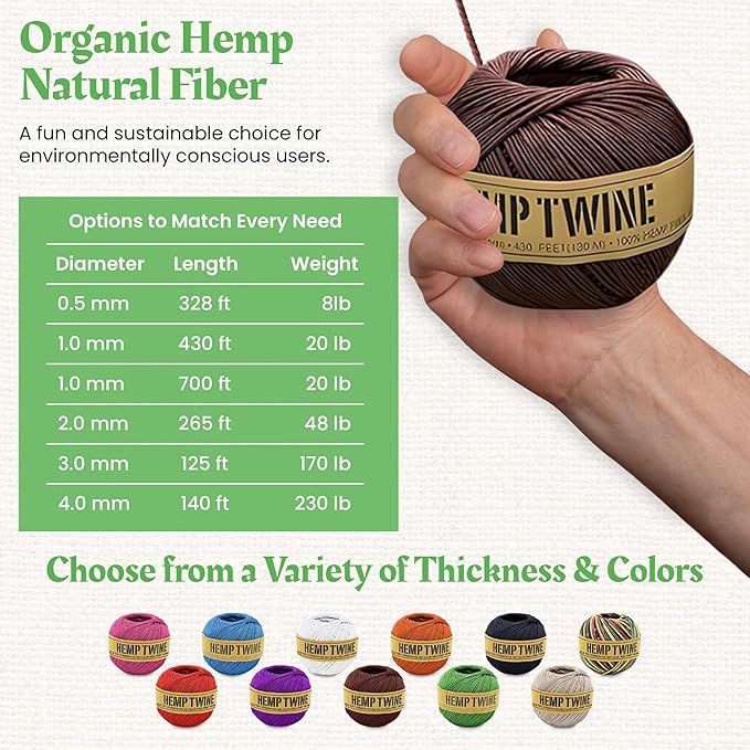 Hemp Twine for Gardening - Twine for Crafts - Organic Natural Hemp String for Jewelry Making - Strong Durable Cord for Decoration, Macrame + Cooking - 1MM, 100G/430 Ft. - 20 lb. Test Strength - Orange
