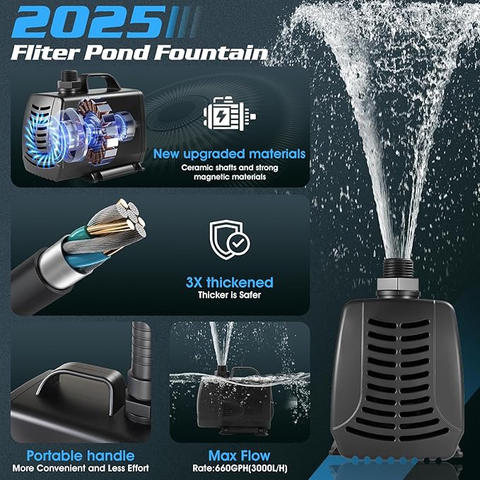Submersible Pump RGB Pond Filter System Kits,3-in-1 Pond Filter Fountain with Colorful Lights,660GPH Pond Filter Box,Multi-layer Filtration, Applicable to Garden Pond,Fish Tank,Water Feature