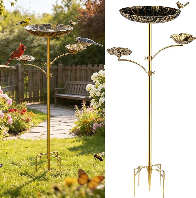 Triple Bowl Bird Bath for Outside, 3-in-1 Bird Bath & Feeder with 4-Claw Ground Stake, 51in Height, 11.8in Large Top Bowl, Outdoor Birdbath for Garden Patio Yard Decor, Antique Bronze