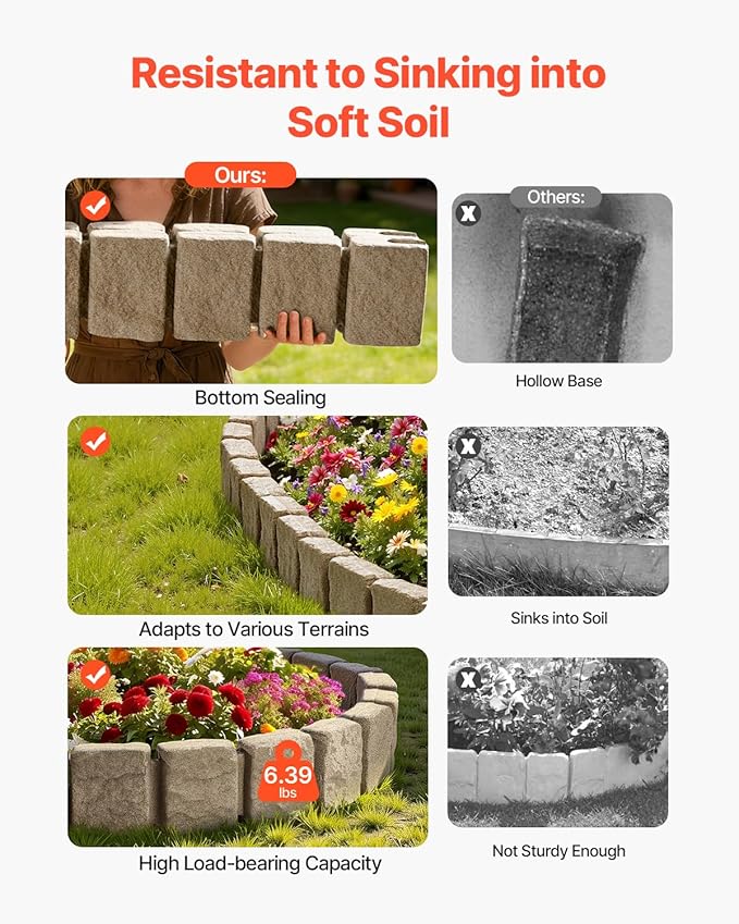 VEVOR Faux Stone Landscape Edging, No Dig Garden Edging Border, Flexible Blocks for Lawn Edging, Flower Beds, Driveway, Yards with 12 Spikes, 4 Pack 24 Bricks 16FT Kit, 47.2" Lx 4" W x 9" H, Beige