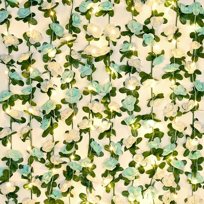 BLEUM CADE 12Pcs 98.4Ft Flower Garland Artificial Rose Vines with 98.4Ft String Lights, Cute Fake Hanging Flower Vines Floral Garland Decorations for Wedding Party Wall Room Decor Aesthetic