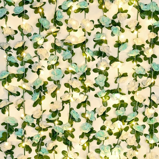 BLEUM CADE 12Pcs 98.4Ft Flower Garland Artificial Rose Vines with 98.4Ft String Lights, Cute Fake Hanging Flower Vines Floral Garland Decorations for Wedding Party Wall Room Decor Aesthetic