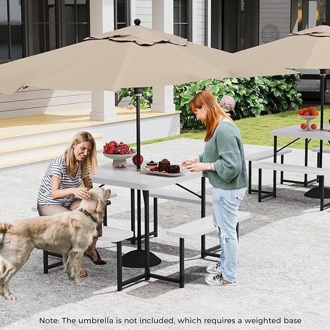Giantex Picnic Table Bench Set for 4-8 People, 34" Outdoor Square Dining Table & 2 Benches w/Umbrella Hole, HDPE Tabletop, Metal Frame, Patio Camping Furniture for Backyard Porch Lawn (White,Square)