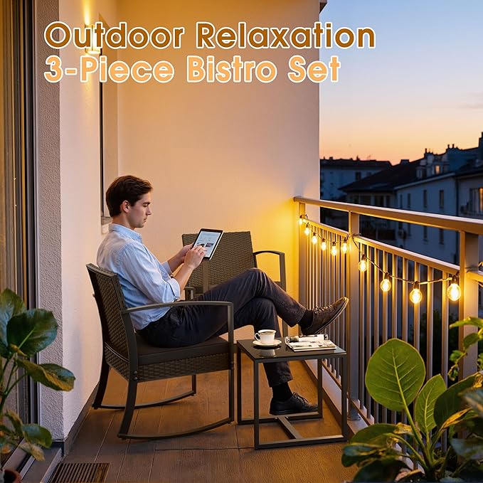 Greesum 3 Pieces Outdoor Furniture Set Patio Bistro Rocking Chairs with Glass Coffee Table for Pool Beach Backyard Balcony Porch Deck Garden, Black