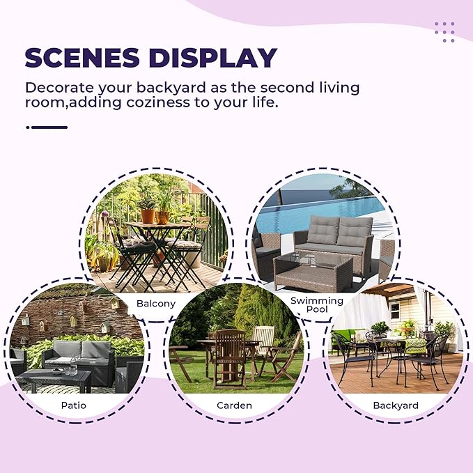 Wicker Chair Cushions, Waterproof Outdoor Loveseat Cushions for Patio Furniture, Tufted Wicker Furniture Cushions, 1 Loveseat and 2 U-Shaped Cushions (Purple Flower)