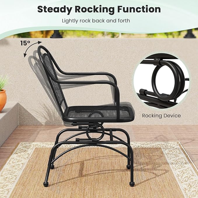 Tangkula Outdoor Rocking Chair Set of 2, Patio Rocker Chairs with Steady Rocking Function, Outdoor Dining Chairs with Metal Mesh Backrest & Seat, Armrest, Adjustable Foot Pads for Yard, Deck, Balcony