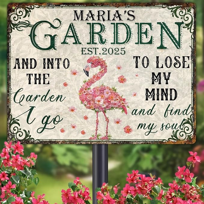 Custom Garden Signs Personalized Metal Tin Sign for Women, Retro Funny Flamingo Metal Sign for Outdoor, Patio, Yard Rustic Home Decor Gift for Mothers Day, Grandmas, and Gardening Lovers