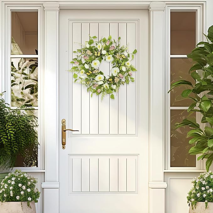 YNYLCHMX 18" Spring Summer Wreaths for Front Door, Artificial Floral Wreath with White Flower Eucalyptus Leaves Butterfly, Green Foliage Wreath for Wall Window Farmhouse Party Holiday Home Decor