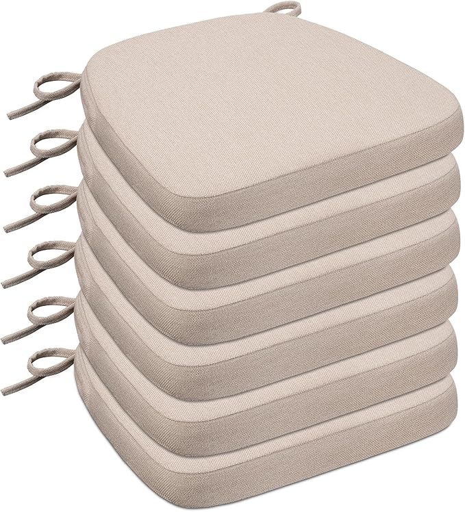 Chair Cushions for Dining Chairs, D-Shaped Seat Cushions with Removable Washable Cover and Ties, Chair Pads for Kitchen, Indoor Dining Room, Patio Chairs, 17'' x 16'', Set of 6, Beige