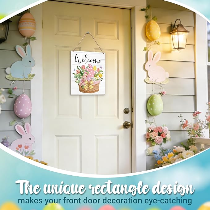 Easter Welcome Sign for Front Door, Welcome Easter Door Sign Decor, Tulip Bunny Rectangle Wood Sign Hanger for Outdoor Farmhouse Garden Porch Home - C05